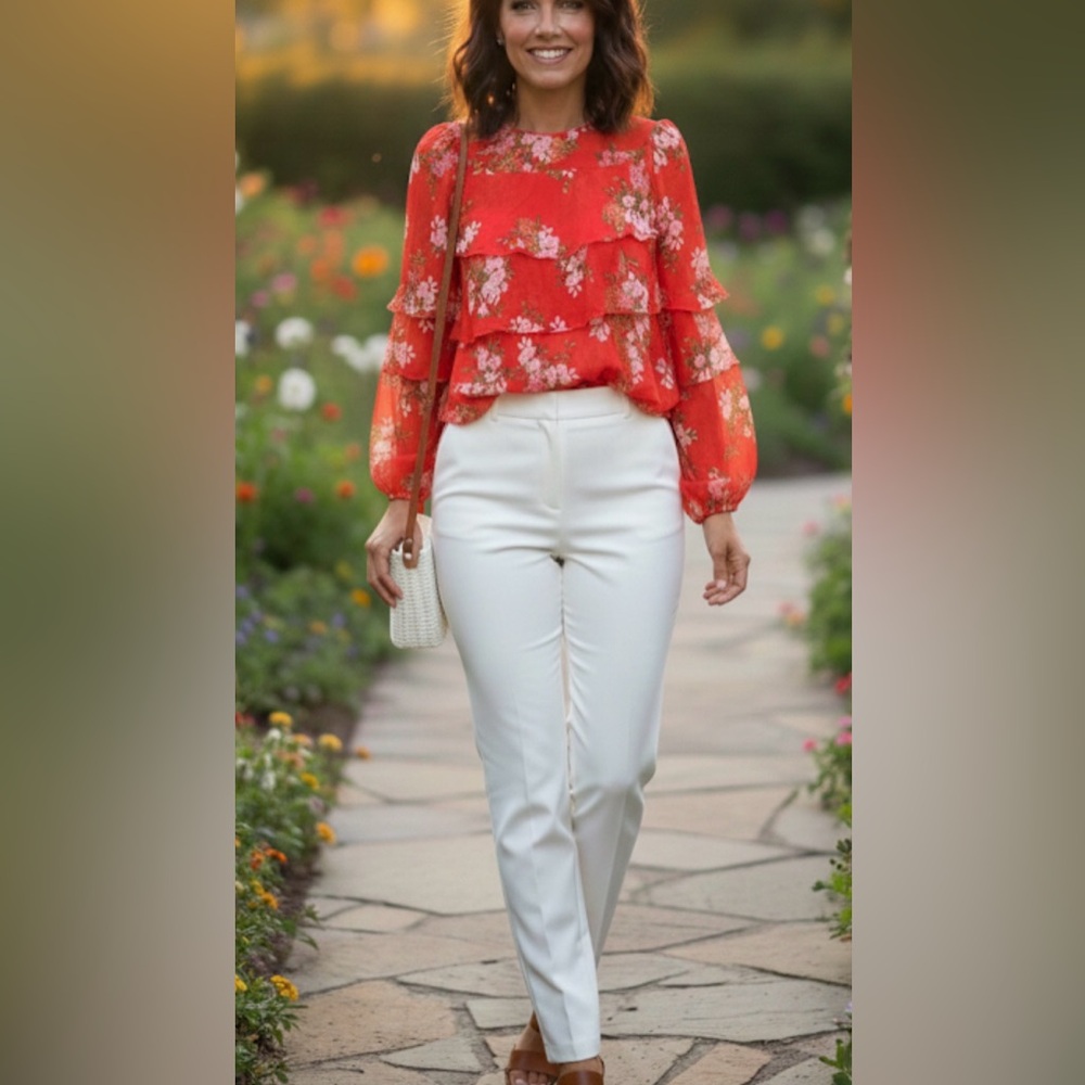 Who what to wear red floral bellshaped sleeve tiered scoop neck blouse lighweigh